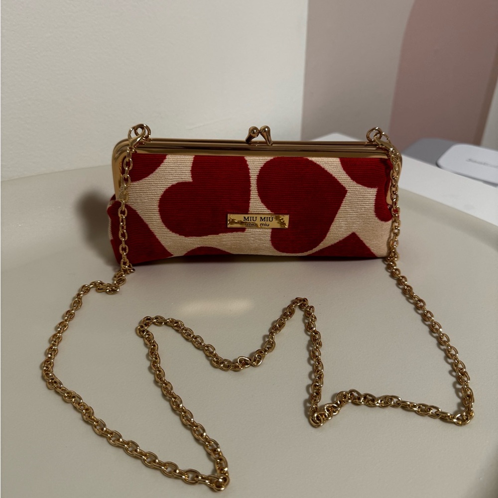 Miu Miu Red and Cream Heart Clutch with Gold Chain